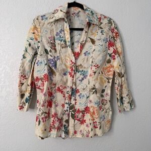 Harve Benard Floral Linen Cotton Blouse Multi Color 3/4 Sleeve Top Large